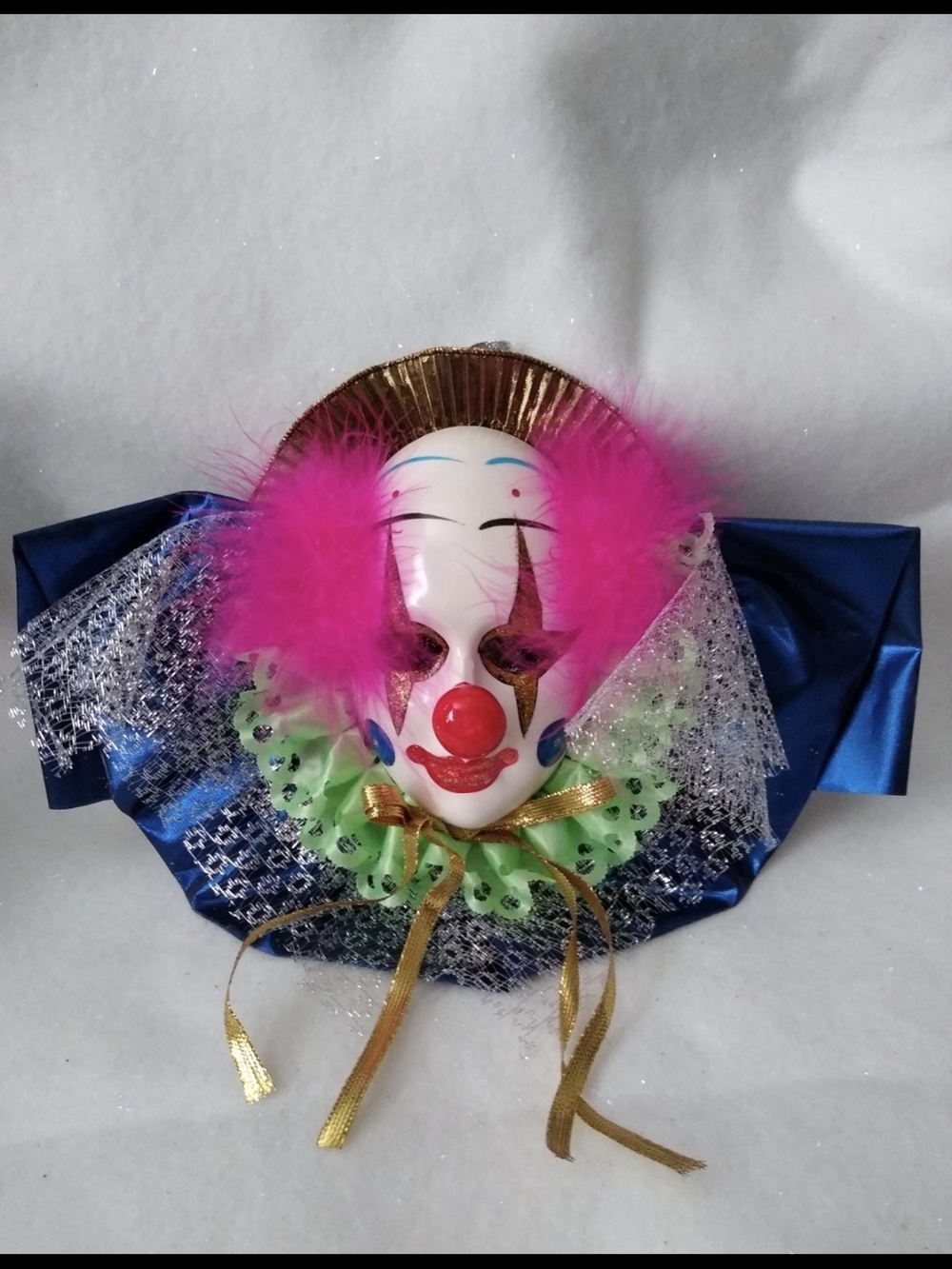 Colorful Decorative Clown Wall Mask with Pink Feathers
